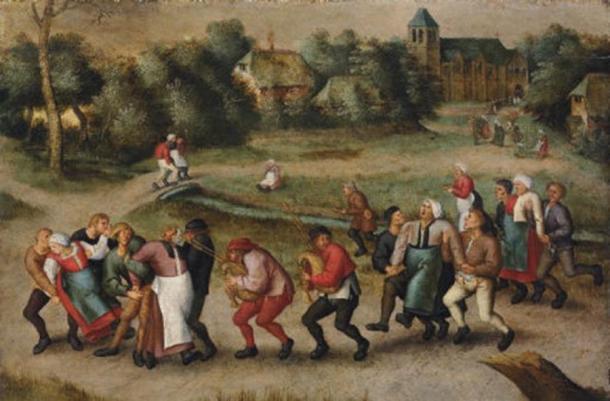 Der Veitstanz, hier in einem Gemälde von Pieter Brueghel II. aus dem Jahr 1592 zu sehen, war ein soziales Phänomen, das eine Art Tanzmanie beinhaltete, die das europäische Festland zwischen dem 14. und 17. Jahrhundert erfasste.
