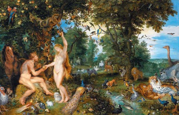In diesem Gemälde „Der Garten Eden mit dem Sündenfall“ oder „Der Sündenfall“, gemalt von Peter Paul Rubens (Figuren) und Jan Brueghel dem Älteren (Landschaft und Tiere), trägt der verbotene Obstbaum viele verschiedene Früchte.