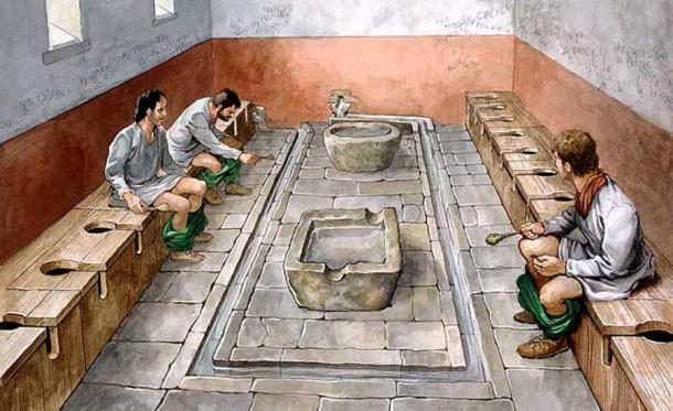 Rekonstruktionszeichnung der Gemeinschaftslatrinen im römischen Kastell Housesteads (Vercovicium) am Hadrianswall. Diese Stätte befindet sich heute in der Obhut von English Heritage (2010).