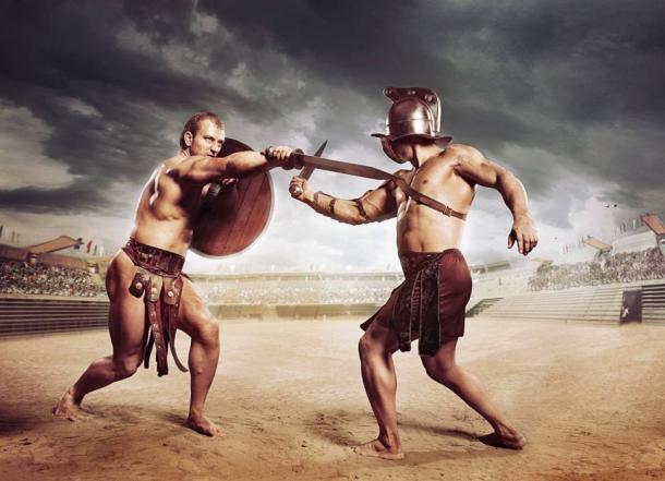 Gladiatoren kämpfen in der Arena. 