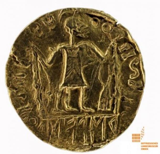 Goldsolidusmünze Wieland der Schmied, gefunden 1948 in Deutschland und datiert auf 575-600 n. Chr.