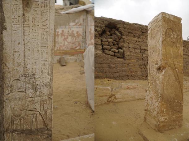 Das Grab in Sakkara enthält Säulen, die mit detaillierten Reliefs verziert sind. 