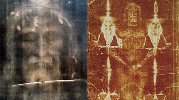 Das Grabtuch von Turin: modernes, digital bearbeitetes Bild des Gesichts auf dem Tuch [links] und das Ganzkörperbild, wie es auf dem Grabtuch zu sehen ist [rechts].