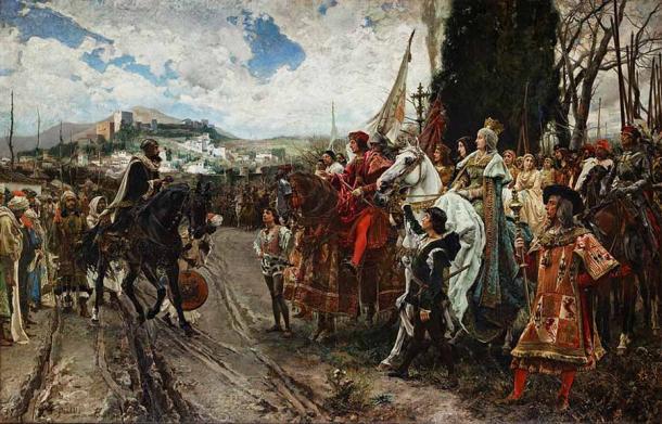 Die Kapitulation von Granada, von Francisco Pradilla, mit der Darstellung der Übergabe der Schlüssel von Granada durch Boabdil an die Katholischen Könige nach der Reconquista von Spanien.