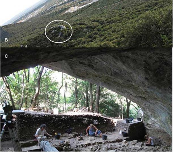 Grotte Mandarin (B) in der französischen Landschaft, wo der Zahn des Homo sapiens im Felsenunterstand (C) mit Blick auf das Rhônetal gefunden wurde.