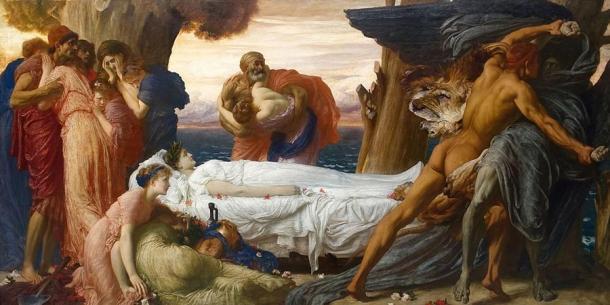 Herkules ringt mit dem Tod um den Körper der Alkestis, von Frederic Lord Leighton