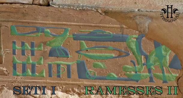 In Blau die Hieroglyphen für den Namen Sethos I. und in Grün die Hieroglyphen für den Namen Ramses II.