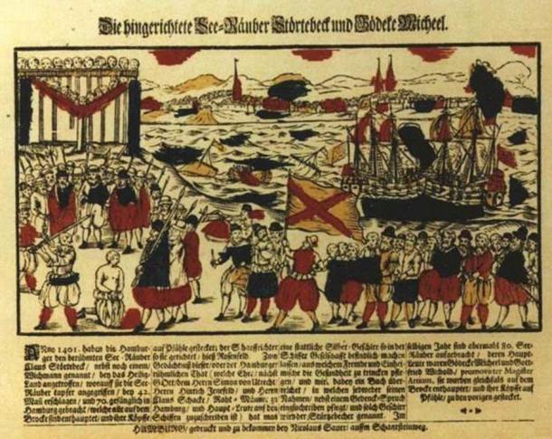 Die Hinrichtung von Klaus Störtebeker in Hamburg, Deutschland, im Jahr 1401 nach Christus in einem getönten Holzschnitt von Nicolaus Sauer