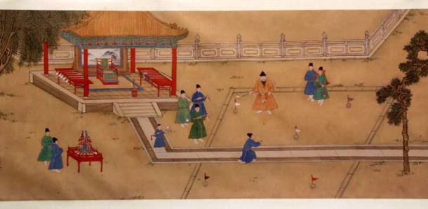 Ein Hofgemälde, das den Kaiser Xuande aus der Ming-Dynastie beim Chuiwan-Spiel zeigt, aber der Chuiwan-Golfball scheint im Aus zu sein.