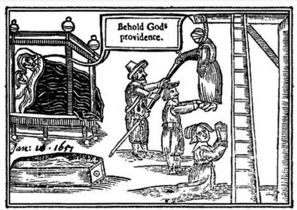 Holzschnitt mit der Darstellung der Hinrichtung von Anne Greene im Jahr 1651