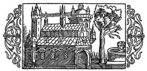 Ein Holzschnitt mit der Darstellung des Tempels von Uppsala, wie er von Adam von Bremen beschrieben wurde.
