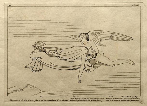 Hypnos und Thanatos, die Götter des Schlafes und des Todes, tragen den Leichnam Sarpedons zurück nach Lykien.