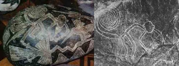 Ica-Steingravur links und Nazca-Geoglyphe rechts