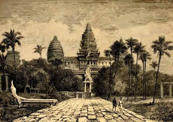 Illustration der Fassade von Angkor Wat von Henri Mouhot aus der Zeit um 1860.