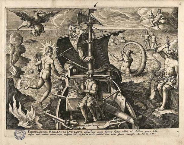 Allegorische Illustration von Joannes Stradanus, die das Vermächtnis Magellans an die Menschheit nach der Entdeckung der Magellanstraße und der ersten Weltumsegelung darstellt.