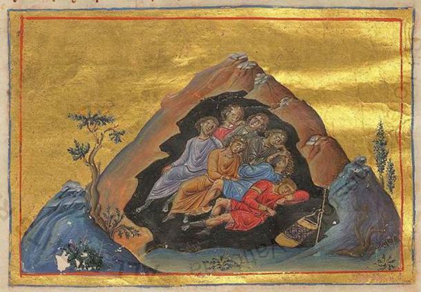 Illustration aus dem Menologion von Basilius II. über die Sieben Schläfer, eine mittelalterliche Legende über eine Gruppe von Jugendlichen, die sich in einer Höhle versteckten, um der Verfolgung zu entgehen, und erst über 300 Jahre später wieder auftauchten.