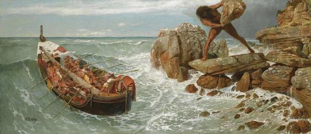 Eine Interpretation aus der Odyssee, in der Odysseus den Zyklopen Polyphem verhöhnt, während er der Insel der Zyklopen entkommt. Der Legende nach brachte Perseus die Zyklopen dazu, die befestigten Mauern in Mykene zu bauen.
