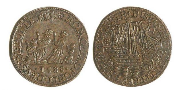 Ein Jeton von 1588 aus Dordrecht, Niederlande, mit einer Darstellung der Zerstörung der Armada