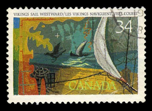Diese kanadische Briefmarke ist den Wikingern gewidmet, die lange vor Kolumbus nach Westen segelten.