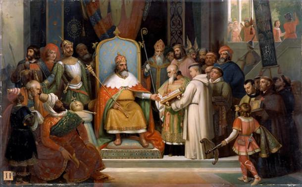 Karl erhält Manuskripte von seinem Tutor, dem Mönch Alcuin, von Jules Laure