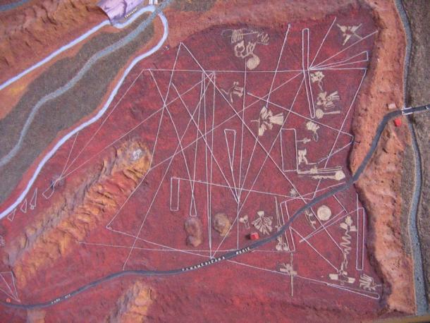 Eine Karte der Nazca-Linien mit allen Figuren und der Panamericana, die das Gebiet durchquert.
