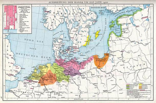 Karte des mittelalterlichen Nordeuropas mit dem Ausmaß der Hanse.