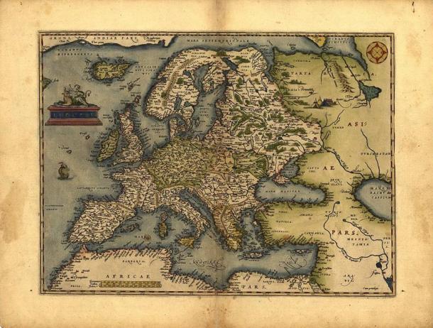 Karte von Abraham Ortelius, Amsterdam 1572: oben links trennt Oceanvs Hyperborevs Island von Grönland. 