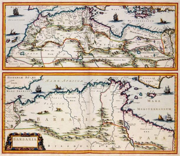 Karte von Barbaria aus dem 17. Jahrhundert, wo der Handel mit weißen Berbersklaven grassierte