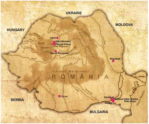 Karte mit der Lage der archäologischen Stätte Gura Baciului in der Nähe des Hoia-Waldes in Rumänien. 
