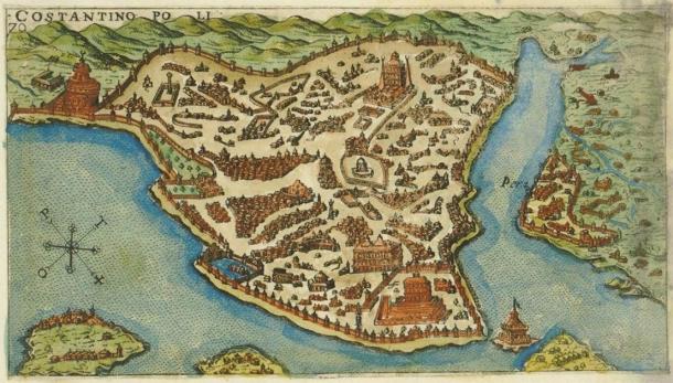 Karte der Insel Konstantinopel (Mod. Istanbul), 1597 von dem Venezianer Giacomo (Jacomo) Franco (1550-1620) erstellt.