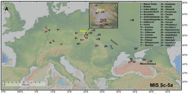 Karte mit der Lage von Fundstellen der Micoquien (rote Kreise) in Europa und insbesondere der Lage der Stajnia-Höhle in Polen.