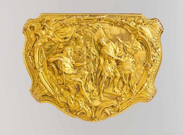 Kiste mit Szene, die den römischen Helden Gaius Mucius Scaevola vor dem etruskischen König Lars Porsena darstellt