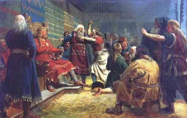 König Håkon der Gute, der während seiner Herrschaft das Wikingerdorf Borgund besuchte, beaufsichtigt einen Bauernstreit in einem Gemälde von Peter Nicolai Arbo