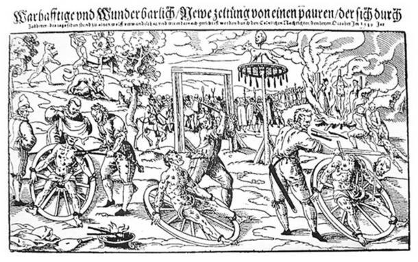 Komposit-Holzschnitt von Lukas Mayer zur Hinrichtung von Peter Stumpp im Jahr 1589 in Bedburg bei Köln. 