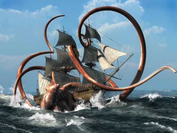 Ein Krake greift ein Schiff an