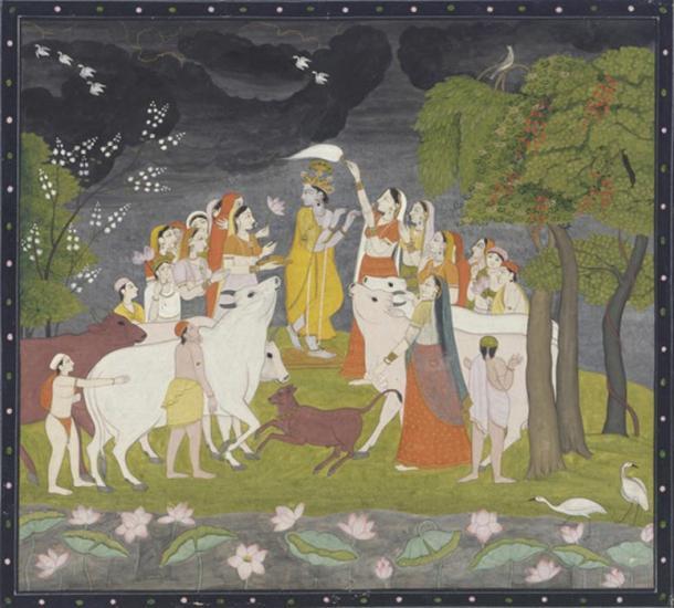 Krishna mit Kühen, Hirten und Gopis, Pahari-Gemälde [Himalaya] aus  Smithsonian Institution.