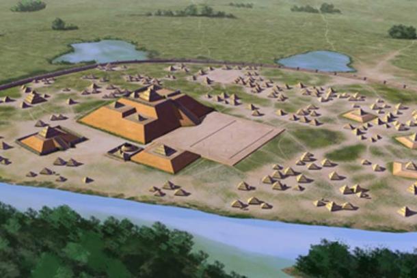 Künstlerische Konzeption des Etowah-Geländes (9 BR 1), einer archäologischen Ausgrabungsstätte der Mississippi-Kultur am Ufer des Etowah River in Bartow County, Georgia. Gebaut und bewohnt in drei Phasen, von 1000–1550 n. Chr.