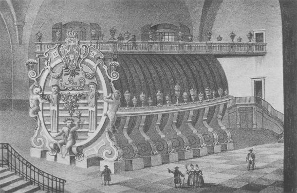 Lithographie aus dem Jahr 1840 des riesigen Königsteiner Weinfasses mit 238.000 Liter Fassungsvermögen