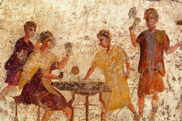 Männer, die in Rom würfeln, dargestellt auf einem Fresko aus Pompeji