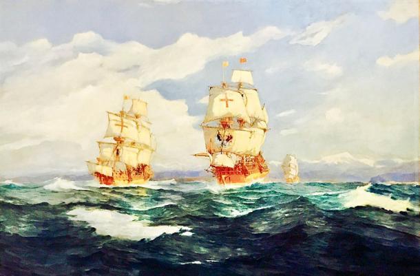 Die Entdeckung der Magellanstraße, gemalt von Álvaro Casanova Zenteno, die 1520 von dem portugiesischen Entdecker Ferdinand Magellan entdeckt wurde. 