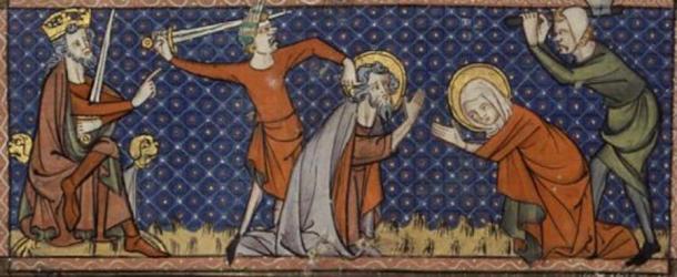 Das Martyrium der Heiligen Chrysanthus und Daria aus einer Handschrift des 14. Jahrhunderts.