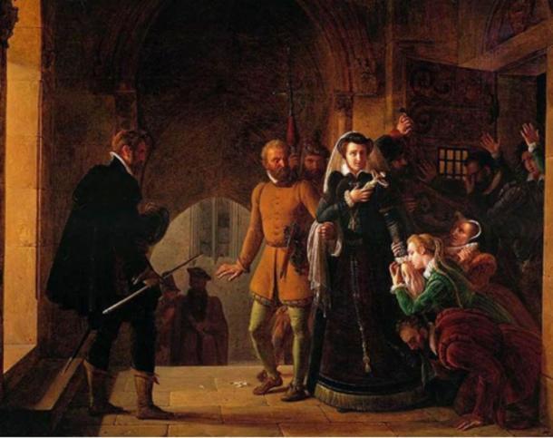 Mary, Königin der Schotten, getrennt von ihren Anhängern. (Public Domain) Viele glauben, dass der Geist der Grünen Dame eine der Mägde der Königin war.