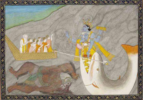 Der Matsya-Avatar von Vishnu Uttar Pradesh, Indien. Matsya ist ein Avatar des Hindu-Gottes Vishnu. Er wird oft als der erste der zehn primären Avatare Vishnus beschrieben. Matsya soll den ersten Menschen Manu vor einer großen Sintflut gerettet haben. Der Matsya-Avatar wird oft als ein riesiger Fisch dargestellt.  