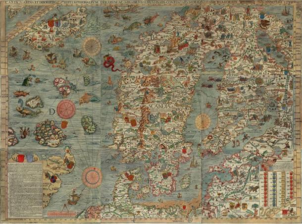 Die Carta marina des schwedischen Geistlichen Olaus Magnus aus dem Jahr 1539 zeigt eine Reihe von Meeresbewohnern in den Gewässern zwischen Norwegen und Island. 