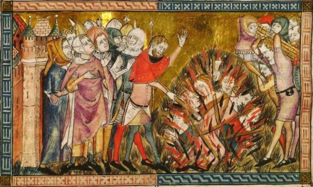 Auf dieser Miniatur des flämischen Malers Pierart dou Tielt (gemalt um 1340-1360) werden Juden bei lebendigem Leib verbrannt, da sie als Pestverursacher oder Giftmischer angesehen wurden.