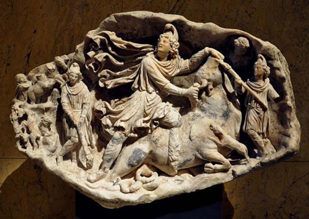 Mithras-Relief (Tauroctony), aus Aquileia, 2. Hälfte des 2. Jahrhunderts n. Chr.