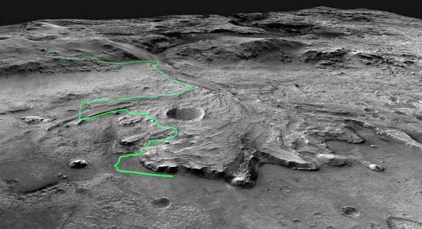 Mögliche Route für den Perseverance-Rover, während er den Jezero-Krater auf dem Planeten Mars erkundet.