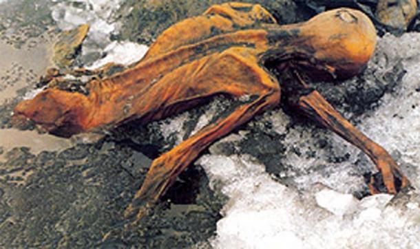 Die Mumie von Ötzi, dem Mann aus dem Eis, wie sie gefunden wurde