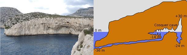 Links: Lage der Cosquer-Höhle in der Nähe von Marseille. (Lu-xin / CC BY-SA 4.0) Rechts: Schema der Cosquer-Höhle und ihres Eingangstunnels. (Jespa / CC BY-SA 3.0)