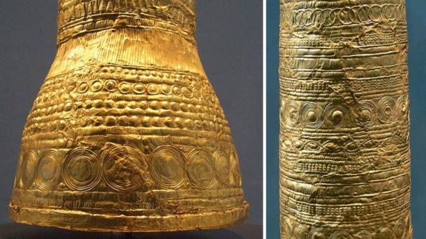 Nahaufnahmen vom Goldenen Kegel von Ezelsdorf-Buch, die die aufwändigen Entwürfe zeigen, die in die Goldfolie eingearbeitet wurden